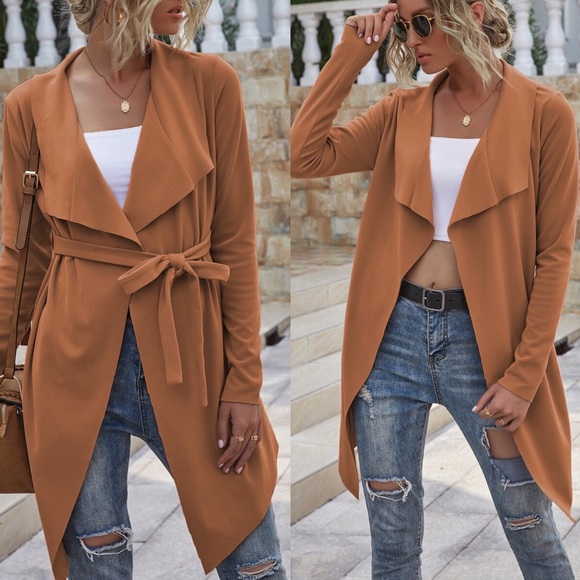 Rust orange vegan Suede Waterfall trench Jacket - Picture 3 of 5